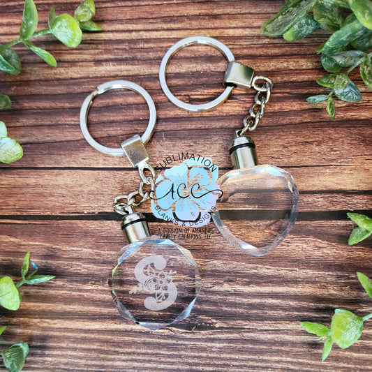 Glass crystal LED lighted keychain, glass engraving keychain blank, 7 color change LED glass crystal keychain RTS