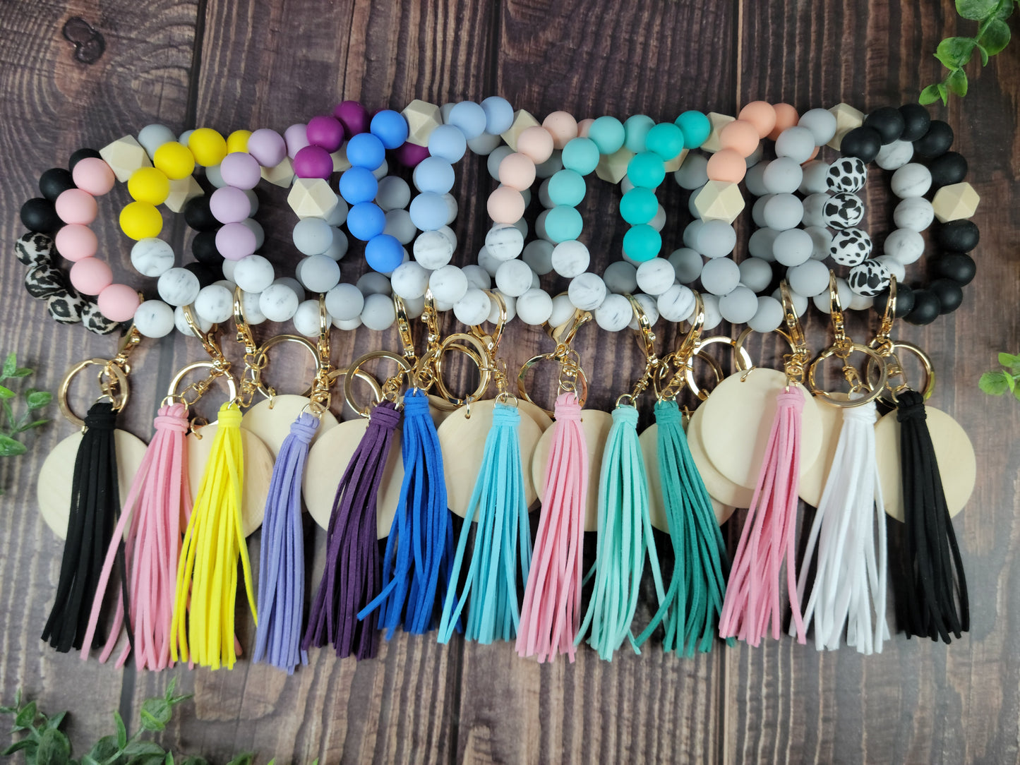 Silicone bead keychain bracelets with 2" light wood disc and tassel, engraving blanks
