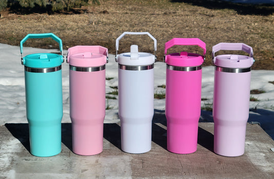 30oz Flip-Up Straw Sublimation-Ready Tumbler with Handled Lid | Engravable Stainless Steel Tumbler | Ready to Ship (RTS)