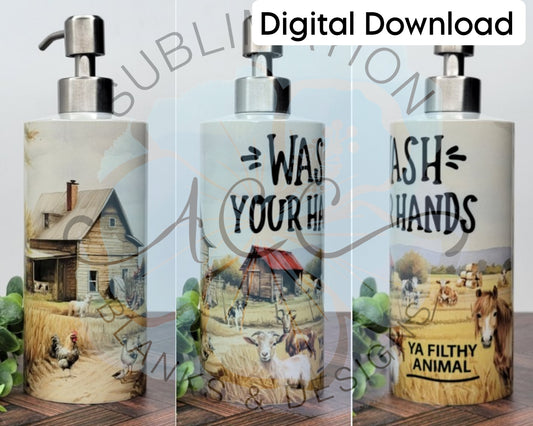 Farmhouse Soap Pump Sublimation Design - Wash Your Hands, Farm Animals Wrap, Filthy Animal Soap Pump Sublimation Wrap - Digital Download (JPG/PNG)