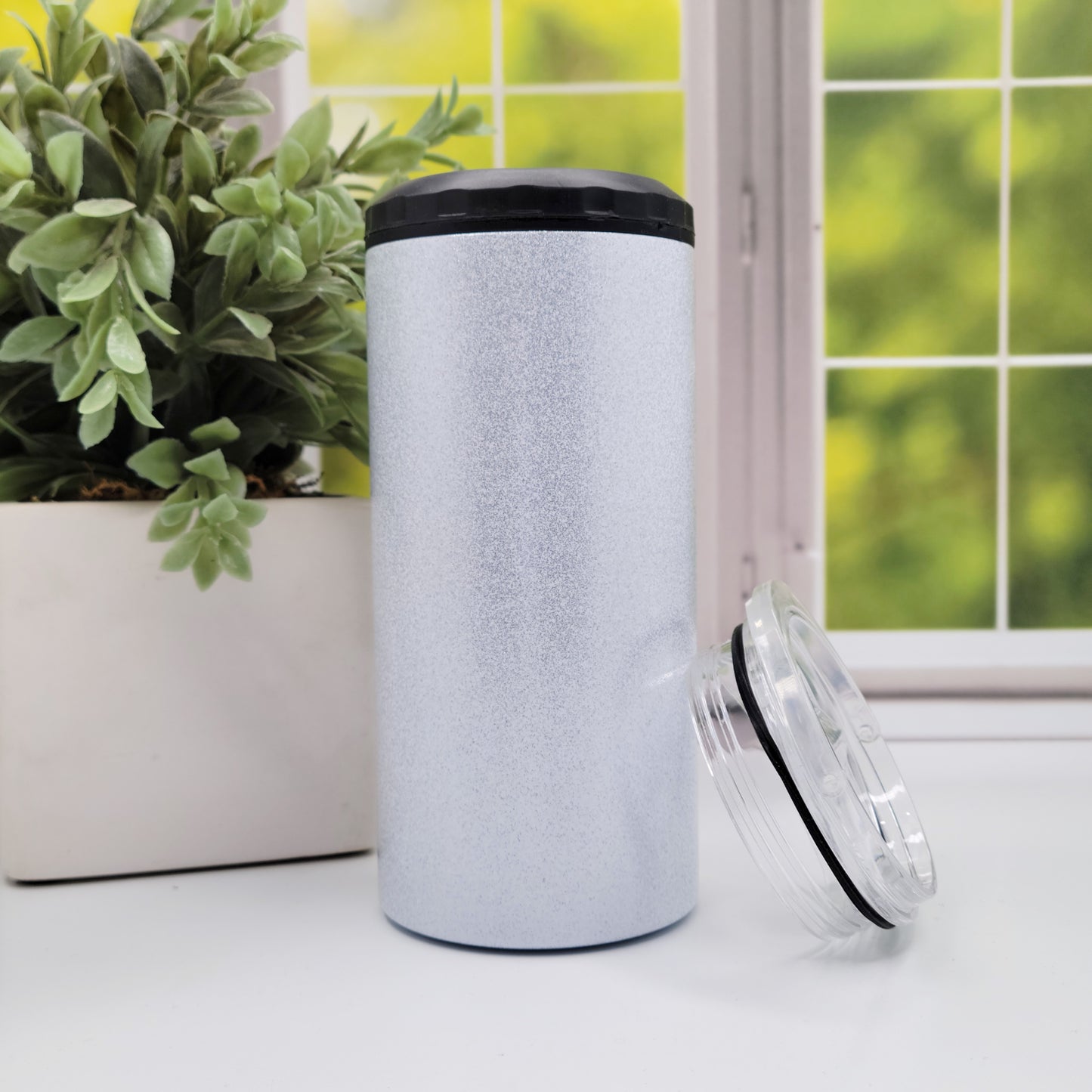5-in-1 Premium Glitter Metal Can Cooler with Built-In Bottle Opener - Sublimation Ready Skinny Can Holder - Stylish Metal Drinkware (RTS)