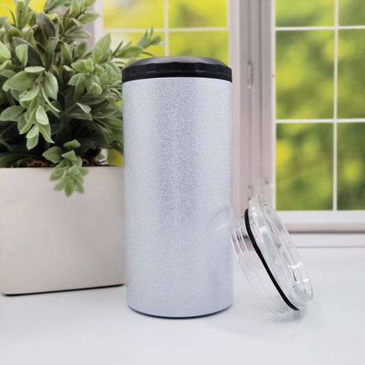 5-in-1 Premium Glitter Metal Can Cooler with Built-In Bottle Opener - Sublimation Ready Skinny Can Holder - Stylish Metal Drinkware (RTS)