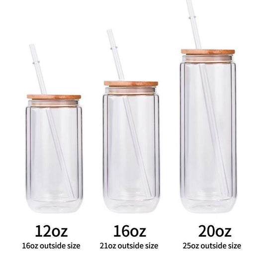 Sublimation Ready Snow Globe Glass Can Tumblers with Bamboo Lid and Straw - Clear Cup - Ready to Ship (RTS)