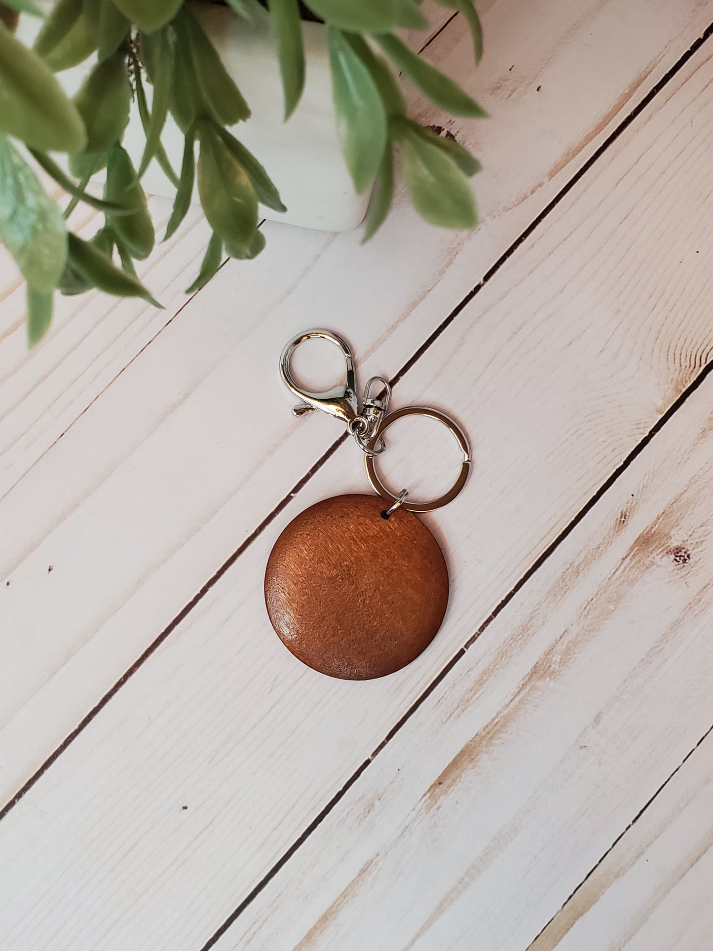 Wood disc keychain with silver ring and clasp, laser engraving wood disc keychain RTS