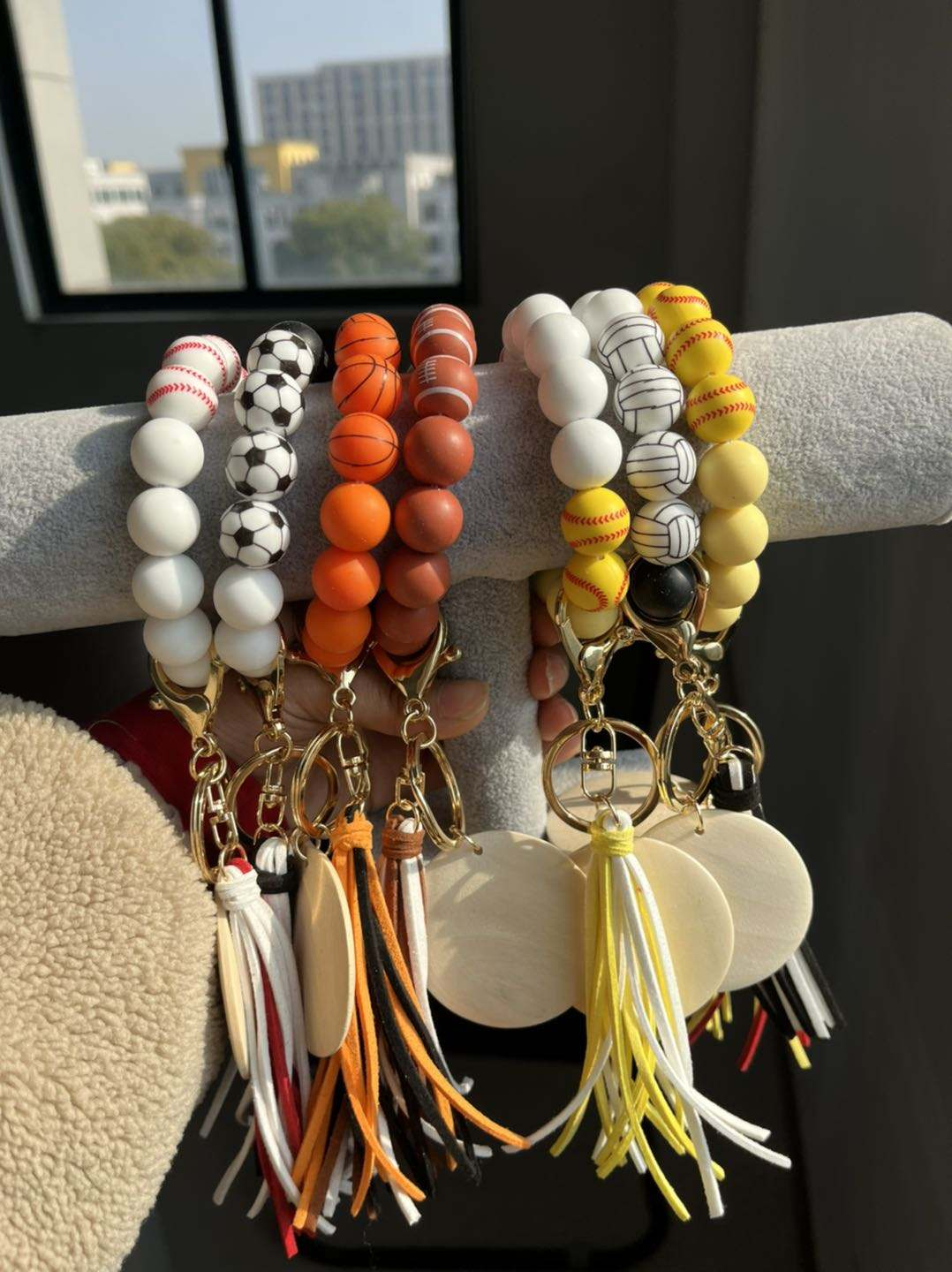 RTS Sports SILICONE bead keychain bracelet, wristlet, laser engraving blank, silicone bead wristlet, wood disc for engraving
