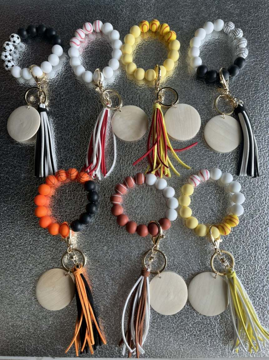 RTS Sports SILICONE bead keychain bracelet, wristlet, laser engraving blank, silicone bead wristlet, wood disc for engraving