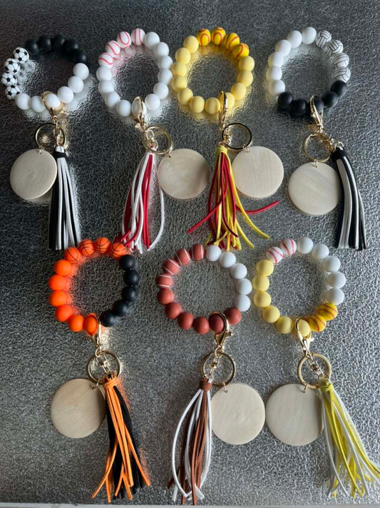 RTS Sports SILICONE bead keychain bracelet, wristlet, laser engraving blank, silicone bead wristlet, wood disc for engraving