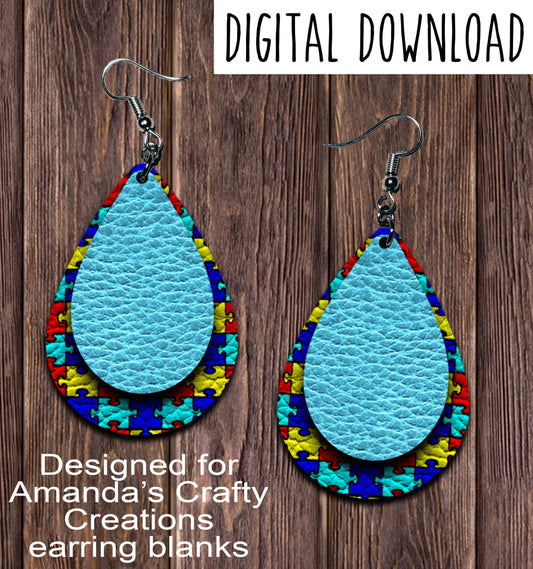 Aqua Autism Puzzle Teardrop Earring Sublimation Design, Hand drawn Teardrop Sublimation earring design, digital download, JPG, PNG