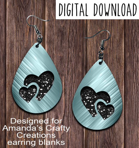 Aqua Brushed Metal Black Chunk Hearts Teardrop Earring Sublimation Design, Hand drawn Teardrop Sublimation earring design, digital download, JPG, PNG