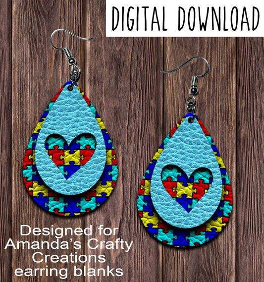 Aqua Autism Puzzle Heart Cutout Teardrop Earring Sublimation Design, Hand drawn Teardrop Sublimation earring design, digital download, JPG, PNG