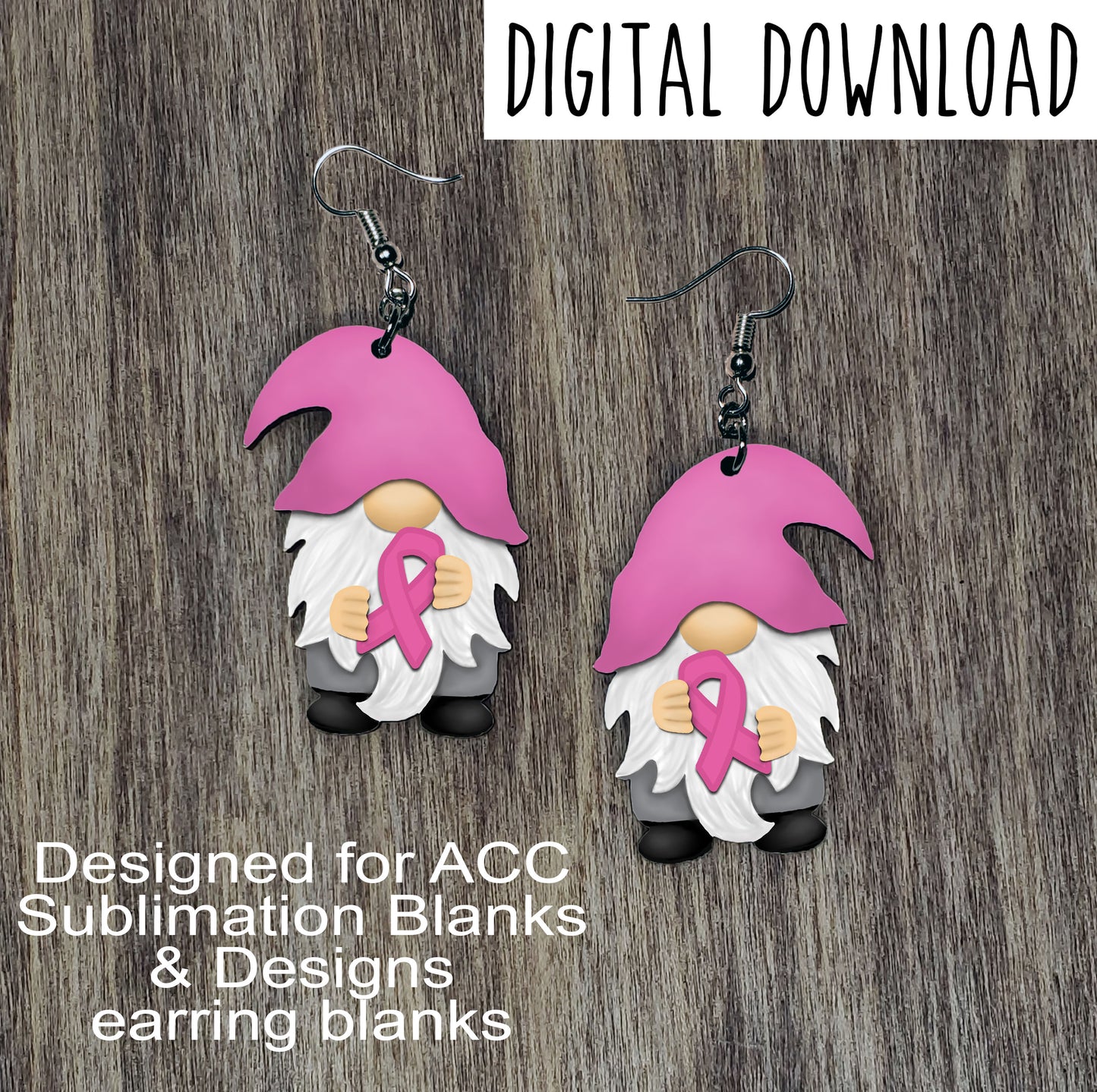 Pink Ribbon Breast Cancer Awareness Gnome with Pink Hat Earring Sublimation Design, Hand drawn Gnome Sublimation earring design, digital download, JPG, PNG
