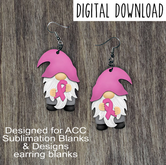 Pink Ribbon Breast Cancer Awareness Gnome with Pink Hat Earring Sublimation Design, Hand drawn Gnome Sublimation earring design, digital download, JPG, PNG