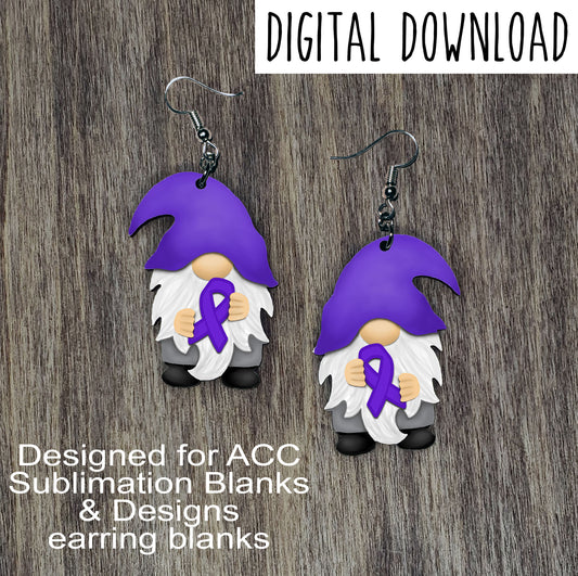 Purple Ribbon Awareness Gnome with Purple Hat Earring Sublimation Design, Hand drawn Gnome Sublimation earring design, digital download, JPG, PNG, pancreatic cancer, epilepsy, Alzheimer's disease, lupus
