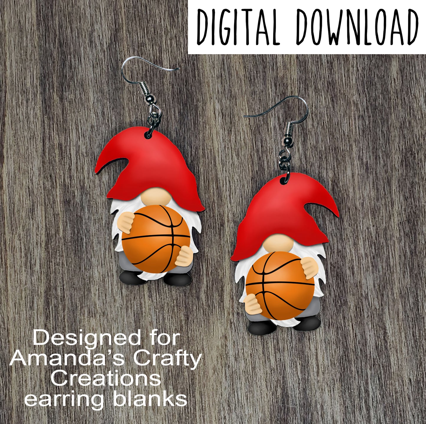 Basketball Gnome with Red Hat Earring Sublimation Design, Hand drawn Gnome Sublimation earring design, digital download, JPG, PNG