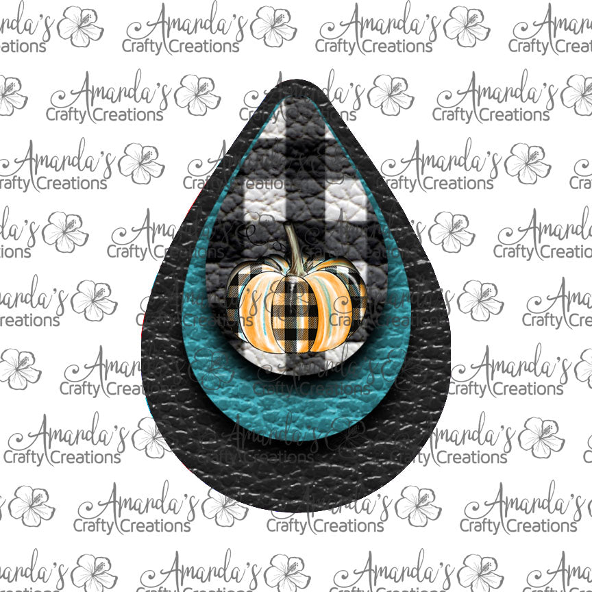 Black Aqua White Plaid Pumpkin Teardrop Earring Sublimation Design, Hand drawn Teardrop Sublimation earring design, digital download, JPG, PNG