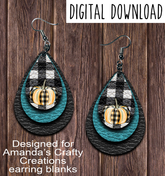 Black Aqua White Plaid Pumpkin Teardrop Earring Sublimation Design, Hand drawn Teardrop Sublimation earring design, digital download, JPG, PNG