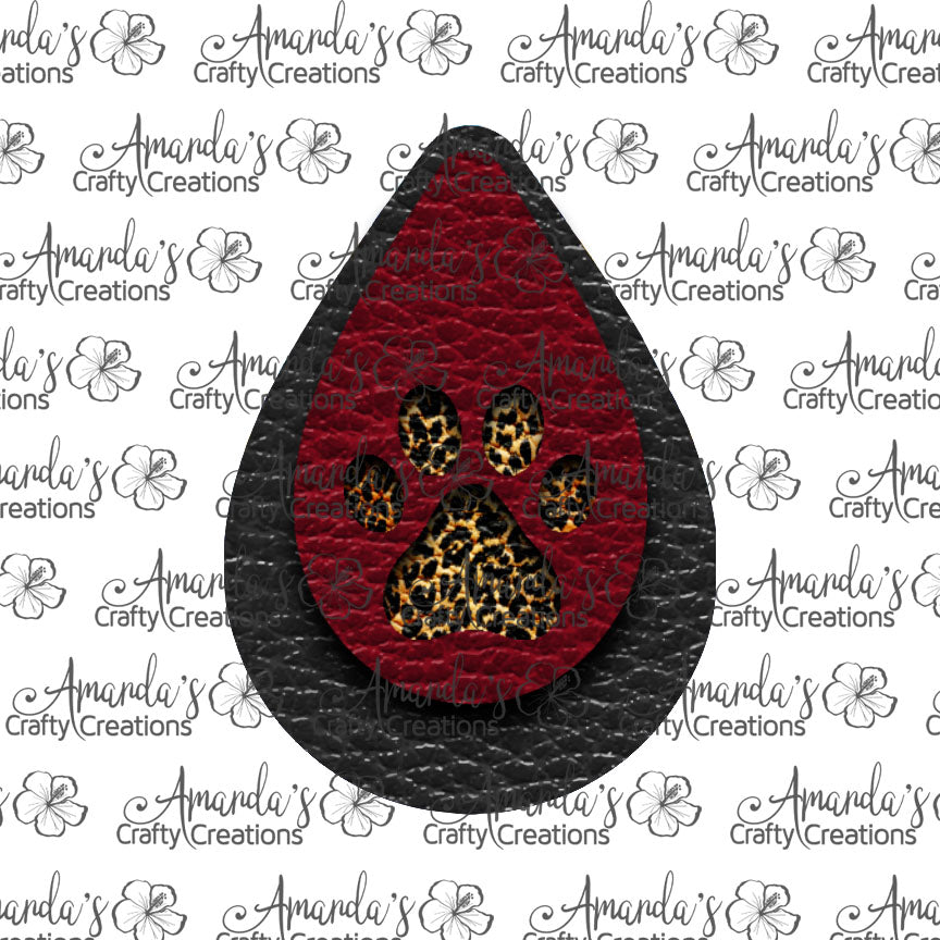 Black Dark Red Leopard Paw Print Teardrop Earring Sublimation Design, Hand drawn Teardrop Sublimation earring design, digital download, JPG, PNG