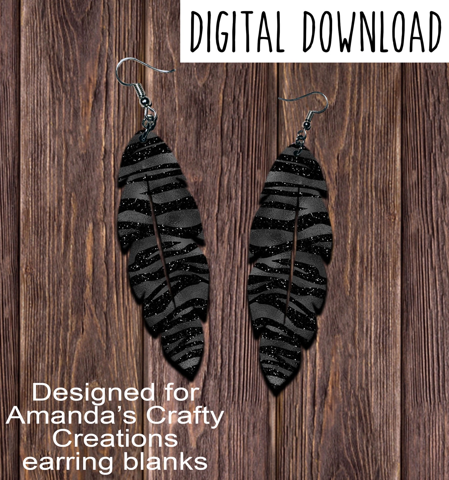 Black Glam Zebra Feather Earring Sublimation Design, Hand drawn Feather Sublimation earring design, digital download, JPG, PNG