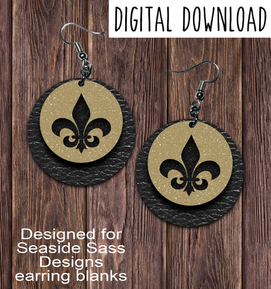 Black Gold Glitter Fleur de Lis Circle Earring Sublimation Design, Hand drawn Circle Sublimation earring design, digital download, JPG, PNG