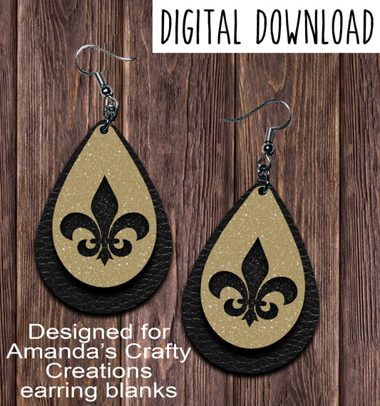 Black Gold Glitter Fleur de lis Teardrop Earring Sublimation Design, Hand drawn Teardrop Sublimation earring design, digital download, JPG, PNG