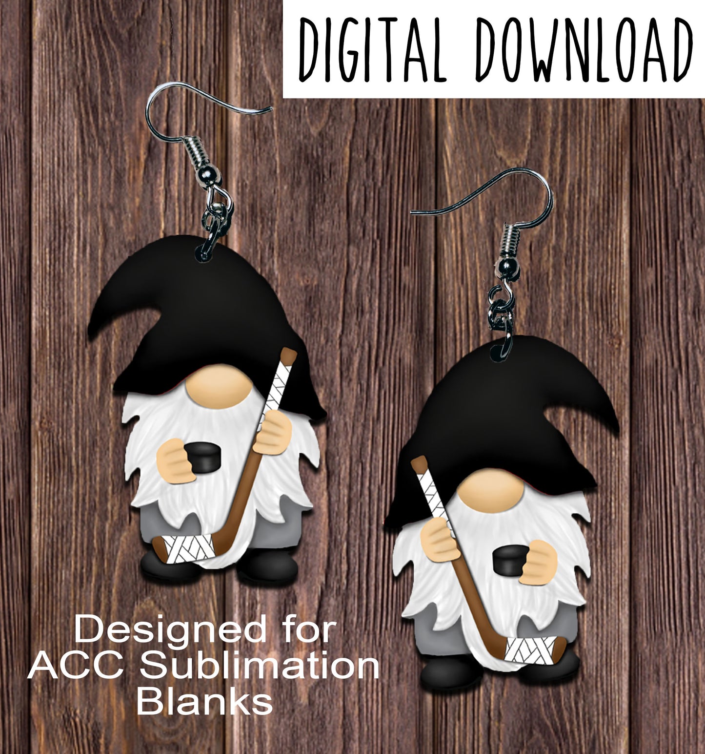 Hockey Gnome with Black Hat Sublimation Design, Hand drawn Gnome Sublimation earring design, digital download, JPG, PNG