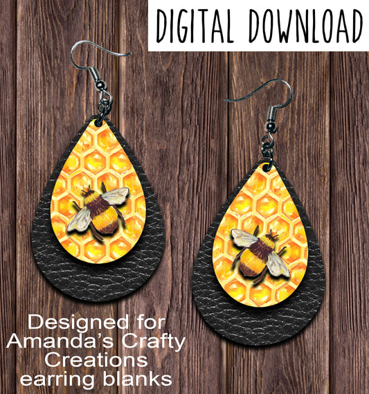 Black Honeycomb Bee Teardrop Earring Sublimation Design, Hand drawn Teardrop Sublimation earring design, digital download, JPG, PNG