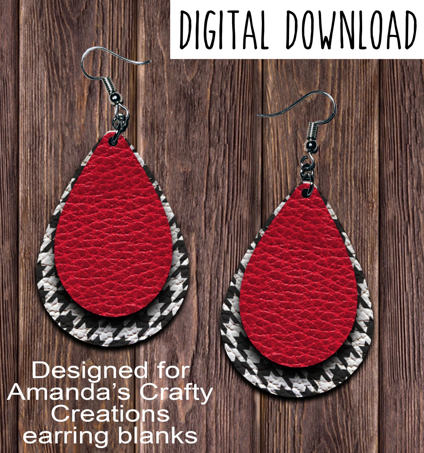 Black Houndstooth Red Teardrop Earring Sublimation Design, Hand drawn Teardrop Sublimation earring design, digital download, JPG, PNG