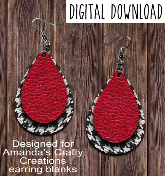 Black Houndstooth Red Teardrop Earring Sublimation Design, Hand drawn Teardrop Sublimation earring design, digital download, JPG, PNG