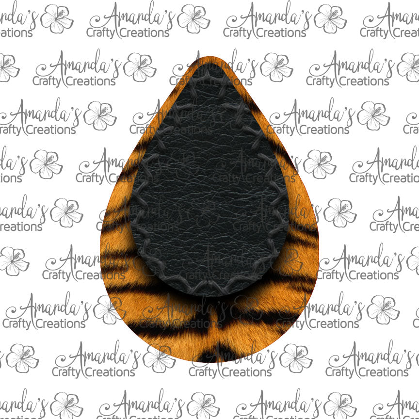 Black Leather Stitched Tiger Print Teardrop Earring Sublimation Design, Hand drawn Teardrop Sublimation earring design, digital download, JPG, PNG