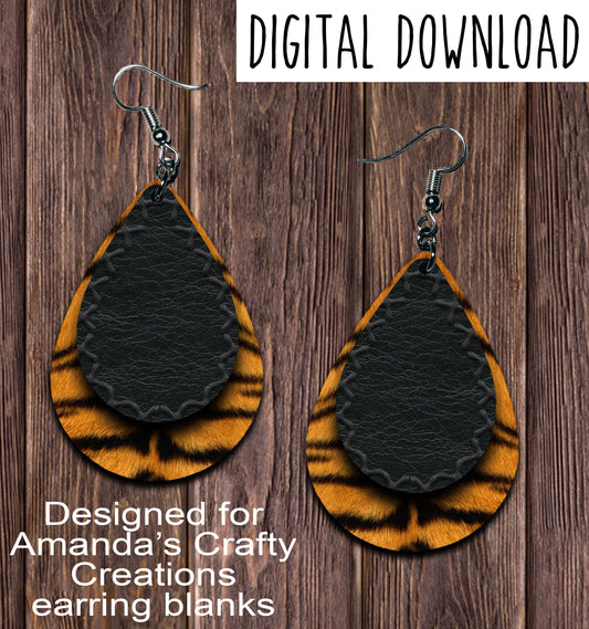 Black Leather Stitched Tiger Print Teardrop Earring Sublimation Design, Hand drawn Teardrop Sublimation earring design, digital download, JPG, PNG
