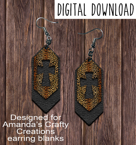 Black Leopard Cross Cutout Cascade Sublimation Earring Sublimation Design, Hand drawn Cascade Sublimation earring design, digital download, JPG, PNG