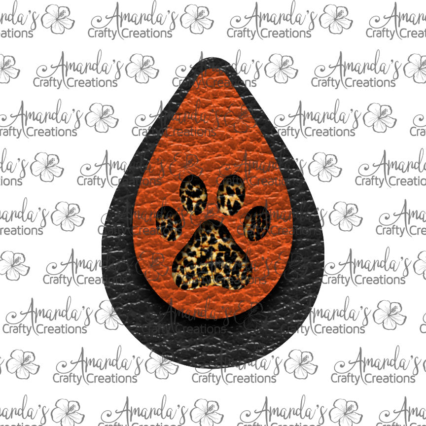 Black Orange Leopard Paw Print Teardrop Earring Sublimation Design, Hand drawn Teardrop Sublimation earring design, digital download, JPG, PNG
