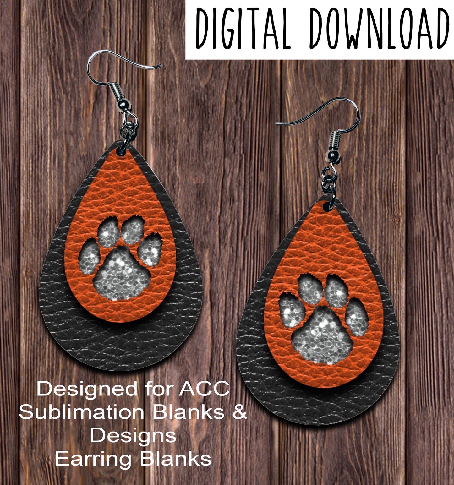 Black Orange Silver Paw Print Teardrop Earring Sublimation Design, Hand drawn Teardrop Sublimation earring design, digital download, JPG, PNG