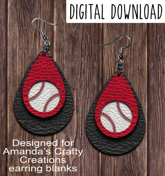 Black Red Baseball Cutout Teardrop Earring Sublimation Design, Hand drawn Teardrop Sublimation earring design, digital download, JPG, PNG
