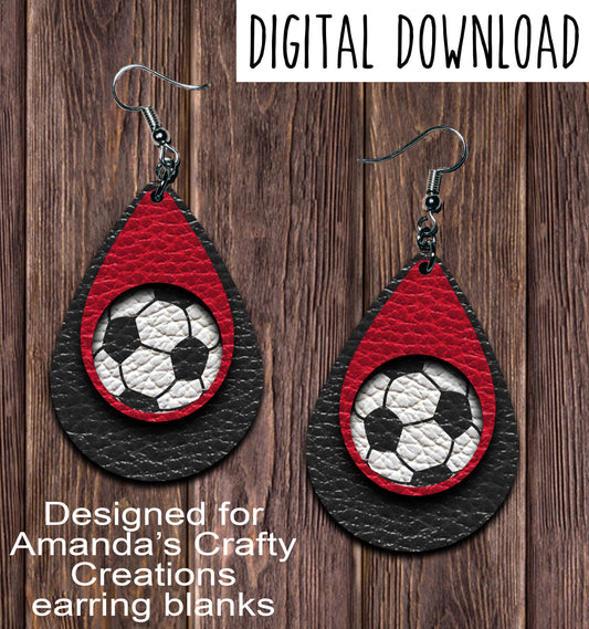 Black Red Soccer Cutout Teardrop Earring Sublimation Design, Hand drawn Teardrop Sublimation earring design, digital download, JPG, PNG