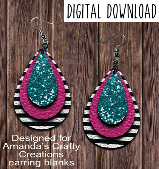 Black Stripe Hot Pink Turquoise Chunk Teardrop Earring Sublimation Design, Hand drawn Teardrop Sublimation earring design, digital download, JPG, PNG