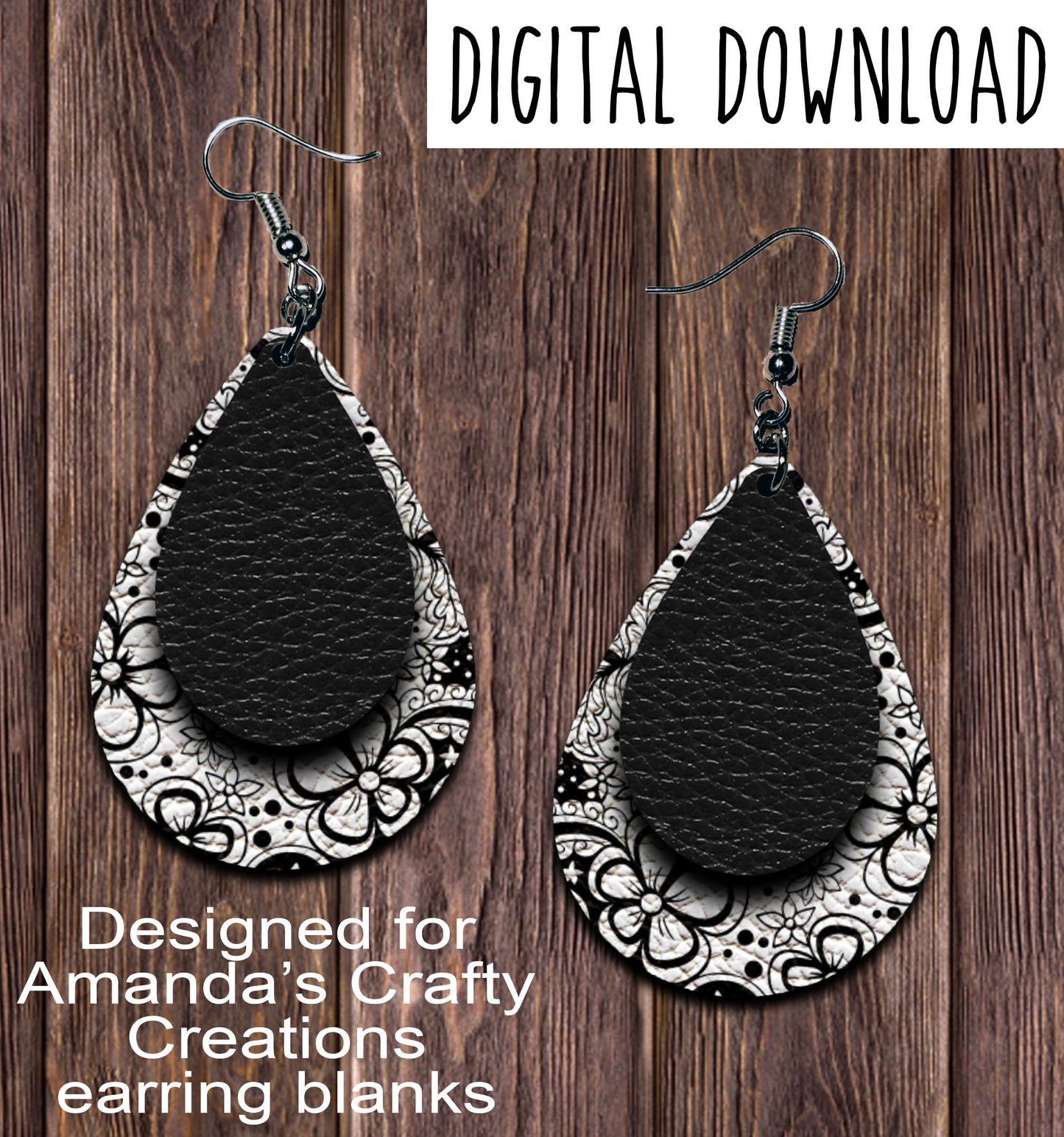 Black White Floral 2 Layer Teardrop Earring Sublimation Design, Hand drawn Teardrop Sublimation earring design, digital download, JPG, PNG