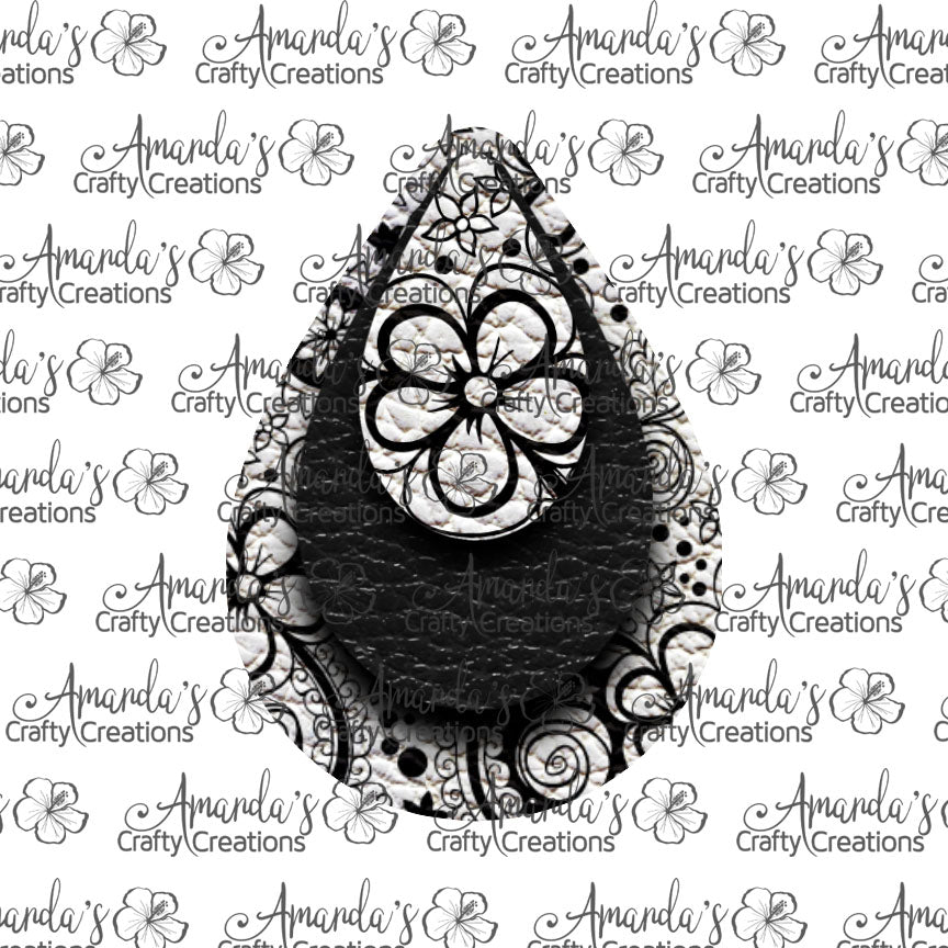 Black White Floral 3 Layer Teardrop Earring Sublimation Design, Hand drawn Teardrop Sublimation earring design, digital download, JPG, PNG