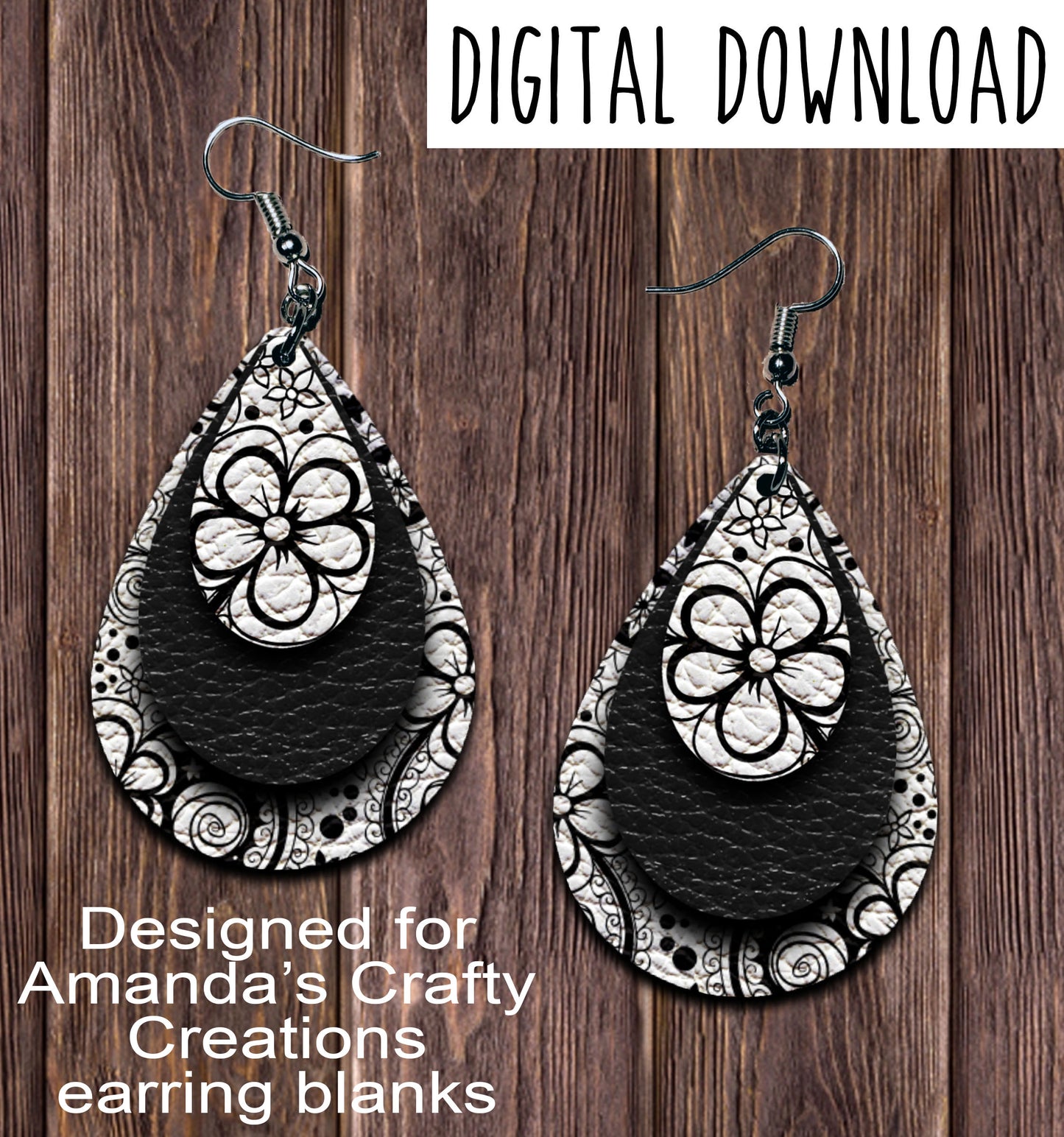 Black White Floral 3 Layer Teardrop Earring Sublimation Design, Hand drawn Teardrop Sublimation earring design, digital download, JPG, PNG