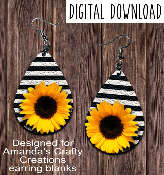 Black Stripe Sunflower Teardrop Earring Sublimation Design, Hand drawn Teardrop Sublimation earring design, digital download, JPG, PNG