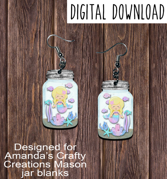Blonde Mermaid Mason Jar Earring Sublimation Design, Hand drawn Mason Jar Sublimation earring design, digital download, JPG, PNG