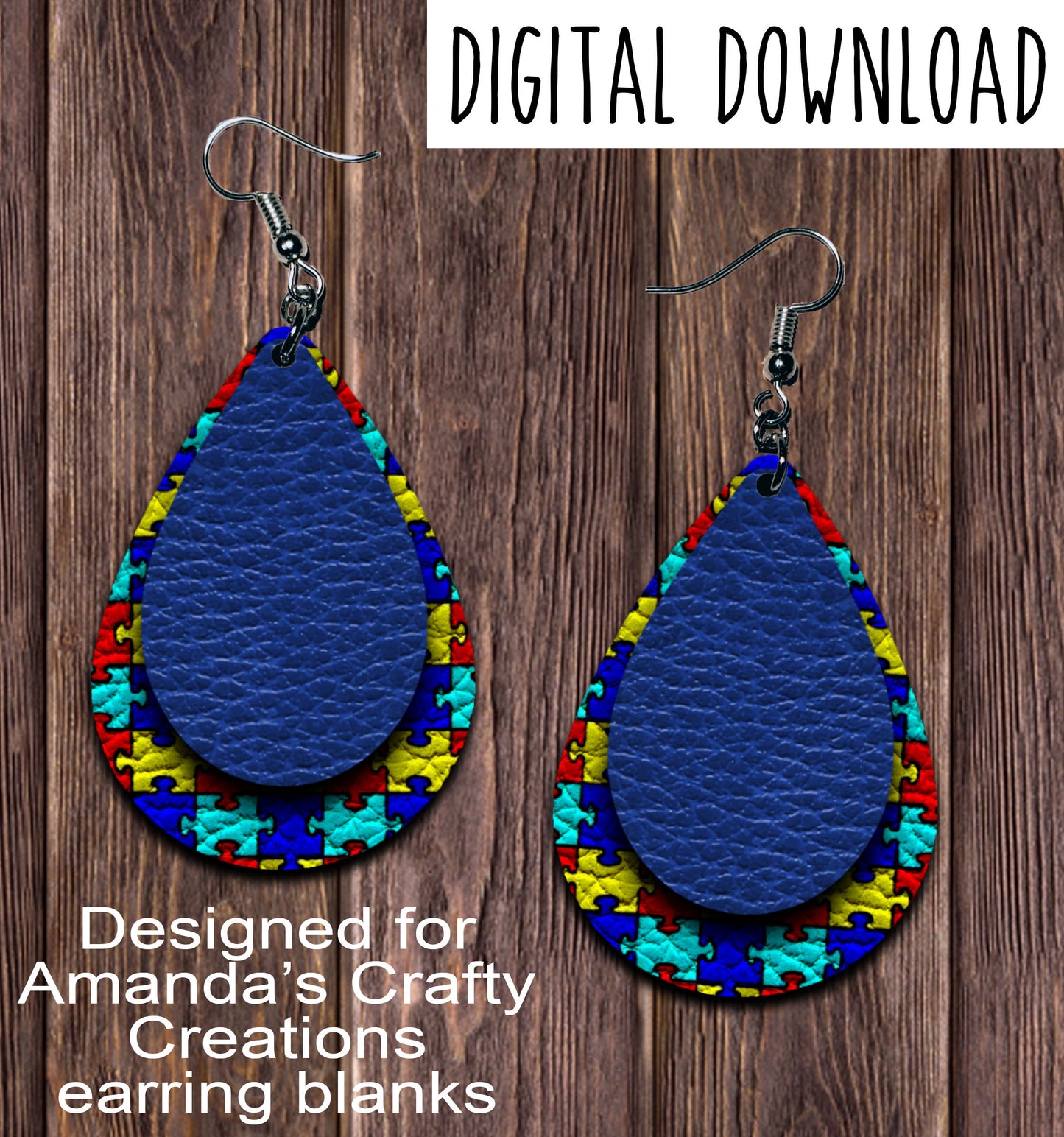 Blue Autism Puzzle Teardrop Earring Sublimation Design, Hand drawn Teardrop Sublimation earring design, digital download, JPG, PNG