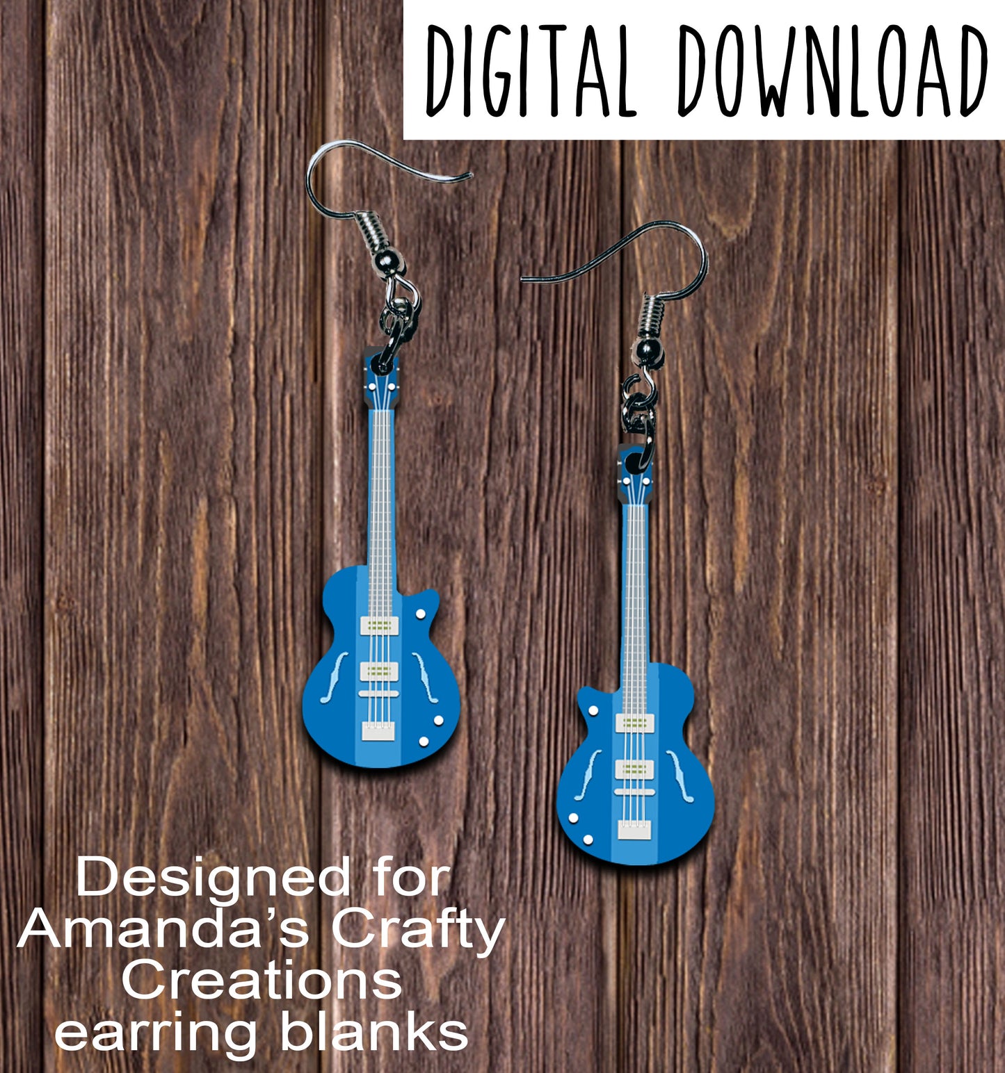 Blue Bass Guitar Earring Sublimation Design, Hand drawn Guitar Sublimation earring design, digital download, JPG, PNG