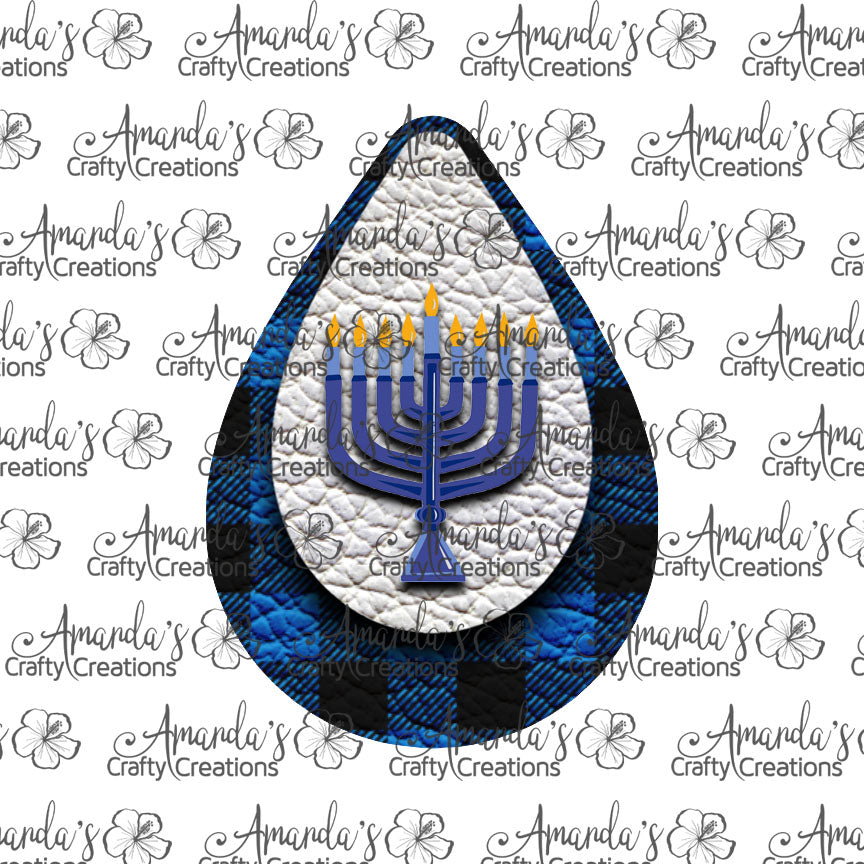 Blue Buffalo Plaid Menorah Teardrop Earring Sublimation Design, Hand drawn Teardrop Sublimation earring design, digital download, JPG, PNG