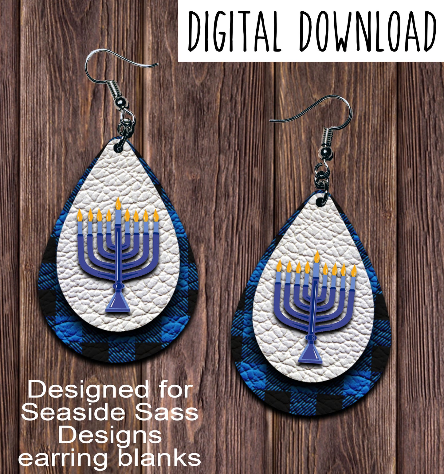 Blue Buffalo Plaid Menorah Teardrop Earring Sublimation Design, Hand drawn Teardrop Sublimation earring design, digital download, JPG, PNG