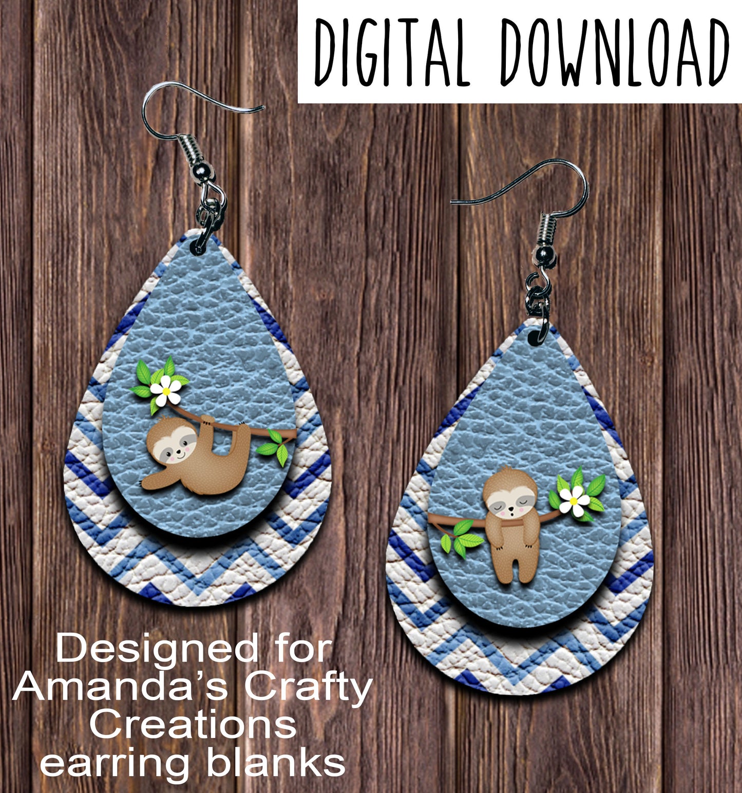 Blue Chevron Different Sloth Teardrop Earring Sublimation Design, Hand drawn Teardrop Sublimation earring design, digital download, JPG, PNG