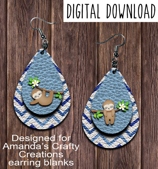 Blue Chevron Different Sloth Teardrop Earring Sublimation Design, Hand drawn Teardrop Sublimation earring design, digital download, JPG, PNG