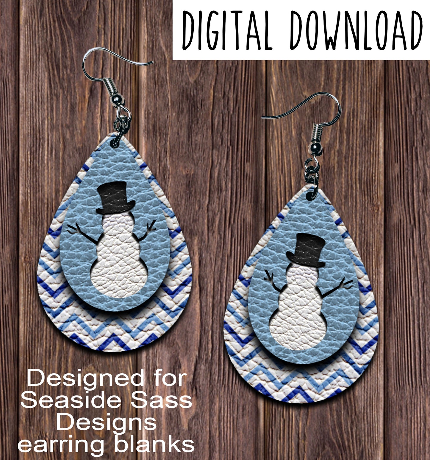 Blue Chevron Snowman Teardrop Earring Sublimation Design, Hand drawn Teardrop Sublimation earring design, digital download, JPG, PNG