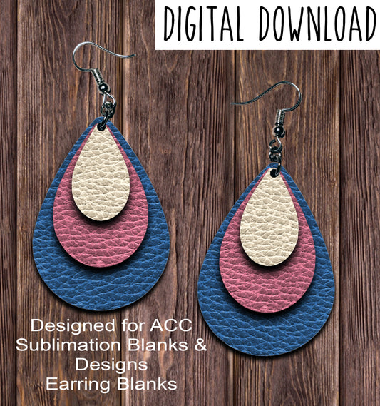 Blue Dusty Rose Cream Teardrop Earring Sublimation Design, Hand drawn Teardrop Sublimation earring design, digital download, JPG, PNG