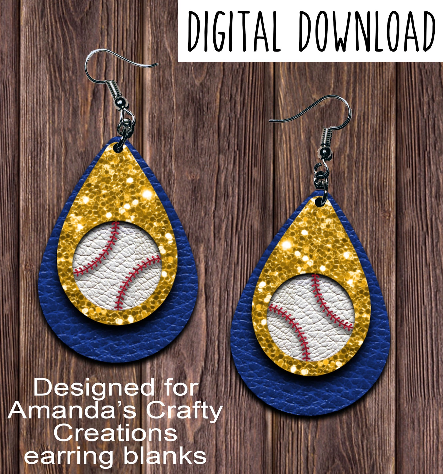 Blue Gold Baseball Cut Out Teardrop Earring Sublimation Design, Hand drawn Teardrop Sublimation earring design, digital download, JPG, PNG